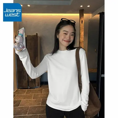 KV真维斯白色基础款磨毛长袖T恤女内搭百搭修身针织打底短款上衣商品大图