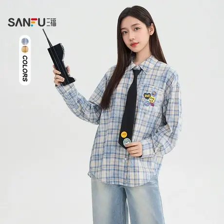 #三福长衬衫2025秋季口袋印花简约翻领格子上衣女装507224图片