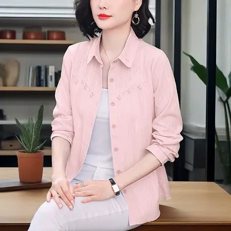 早秋新款长袖纯棉衬衫女翻领开衫减龄百搭上衣中年妈妈薄款衬衣商品大图