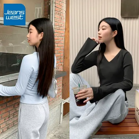 KV真维斯蓝色v领长袖t恤女早秋2025新款秋季修身显瘦内搭打底衫女商品大图