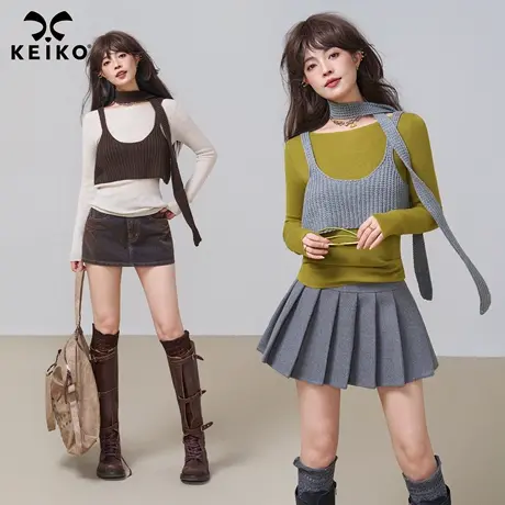 KEIKO [两件套] 韩系撞色叠穿针织上衣秋冬吊带小背心+打底衫套装商品大图