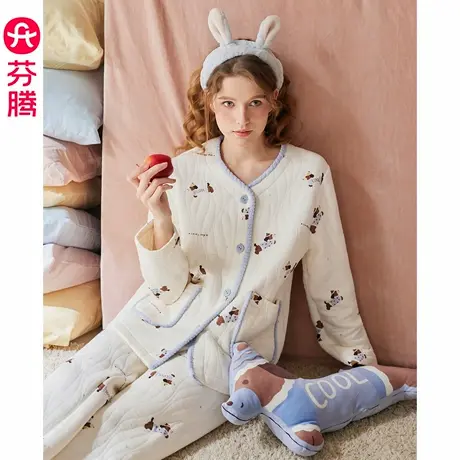 芬腾睡衣女秋冬季新款空气棉夹层纯棉开衫长袖卡通可爱家居服套装商品大图