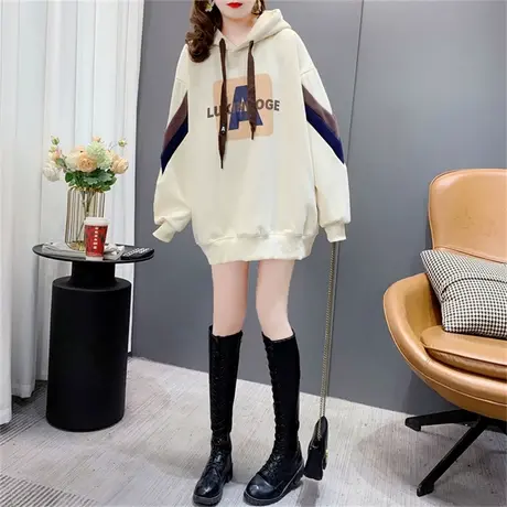 加绒加厚连帽卫衣女2022新款秋冬宽松慵懒风时尚洋气拼色休闲外套商品大图