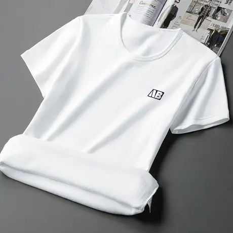 白色短袖t恤男装2023新款印花半袖保暖内搭上衣服加绒加厚打底衫商品大图