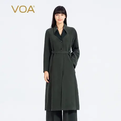 VOA重磅真丝40姆米墨绿V领钉珠装饰腰带设计砂洗工艺连肩长袖风衣商品大图