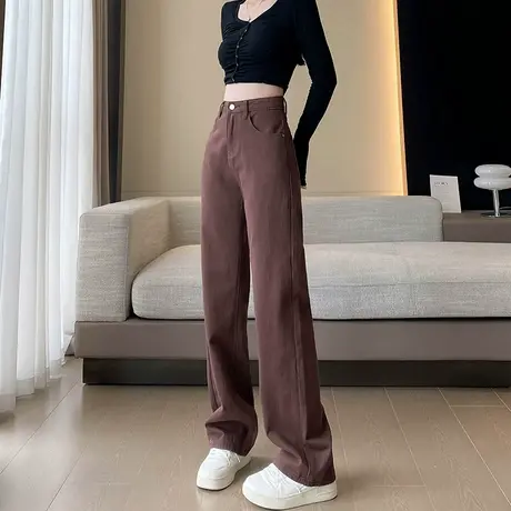 窄版阔腿牛仔裤女秋冬2023新款高腰宽松加绒加厚直筒垂感拖地裤子商品大图