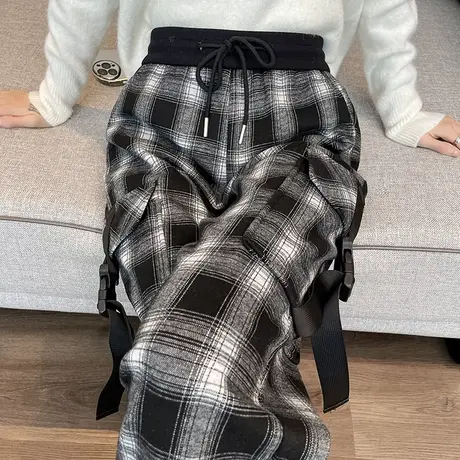 黑白格子裤女冬季新款加绒运动裤小个子束脚哈伦萝卜休闲灯笼裤子图片