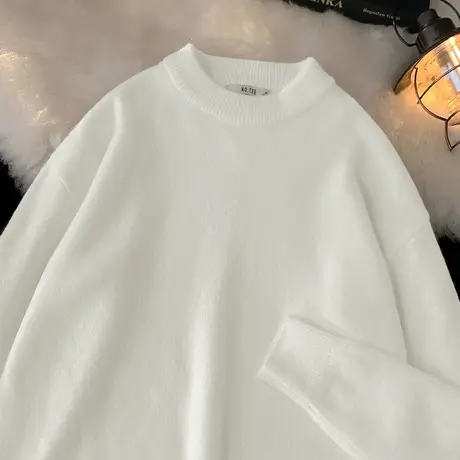 圆领毛衣男秋冬季外穿慵懒风纯色毛衫宽松潮流软糯针织线衣打底衫商品大图