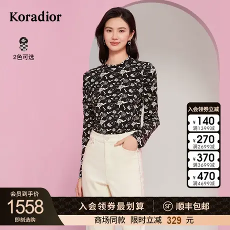 珂莱蒂尔女装2023冬季新款通勤百搭艺术图案圆领羊毛混纺针织衫图片