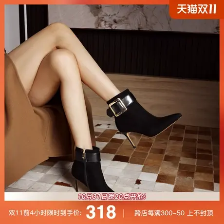熙漫2023秋冬新款尖头细跟黑色短靴皮带扣绒面法式职业高跟靴子女图片