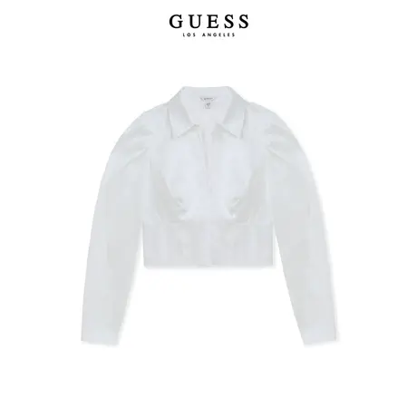 GUESS23年新秋女士韩版长袖POLO领百搭纯色短款衬衫-W3BH56WAF10商品大图