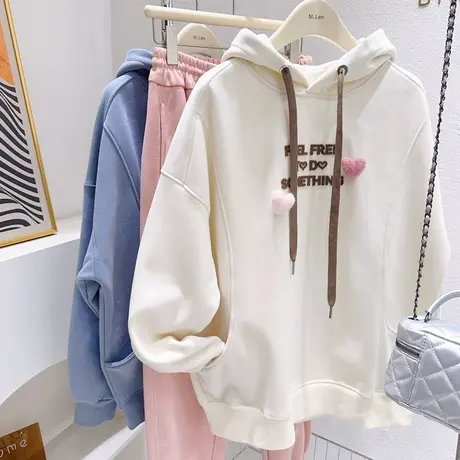 ins奶油风软糯加绒卫衣~秋冬款韩系温柔毛毛爱心连帽上衣宽松休闲商品大图