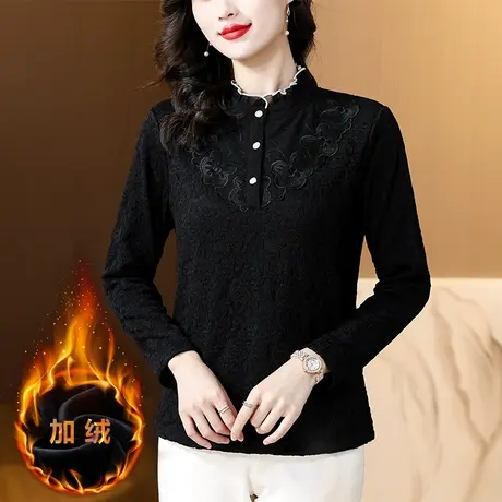 加绒加厚半高领蕾丝打底衫女秋冬加大码中年妈妈洋气保暖内搭上衣商品大图