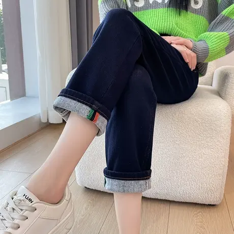 蓝色加绒直筒牛仔裤女秋冬2023新款高腰宽松显瘦加厚小个子烟管裤商品大图