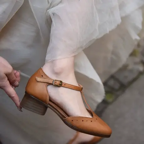 Artmu阿木原创复古粗跟包头凉鞋女T字带玛丽珍鞋真皮女鞋2023新款商品大图