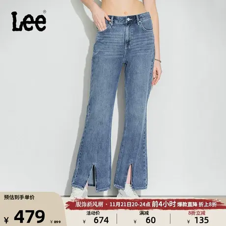 Lee商场同款新品427高腰微喇开叉中蓝色复古休闲女牛仔长裤LWB100商品大图