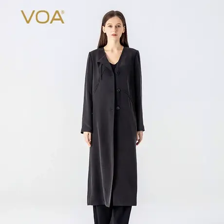 VOA30姆米重磅桑蚕丝黑色V领长袖三粒扣不对称设计真丝风衣外套女商品大图