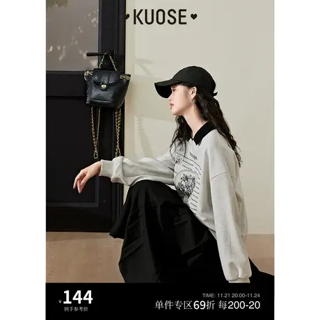 阔色撞色polo领卫衣女2023春秋新款复古灰色印花长袖宽松上衣商品大图