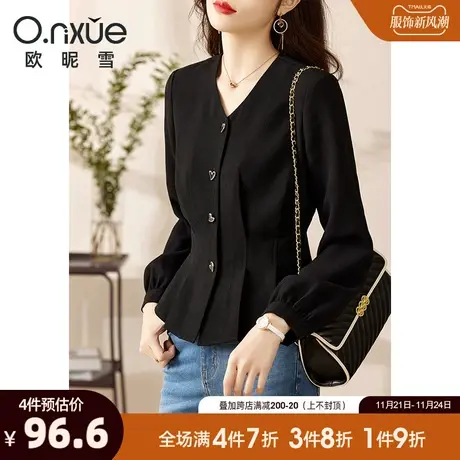 欧昵雪2024春秋新款衬衫女长袖V领桃心金属扣收腰时尚气质上衣商品大图