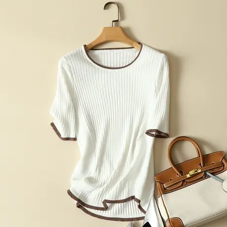 冰丝针织衫女短袖薄款春装2024年新款女夏季韩版ins白色t恤女上衣商品大图