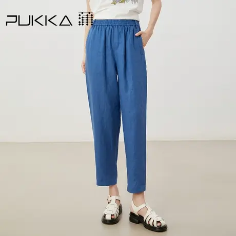 蒲PUKKA 亚麻萝卜裤女2023年春夏宽松休闲橡筋松紧腰经典款商品大图