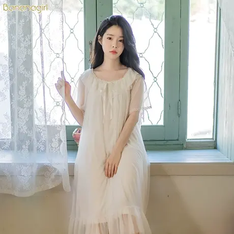 Bananagirl女睡衣夏冰丝宫廷风公主睡裙薄款短袖蕾丝性感甜美很仙商品大图