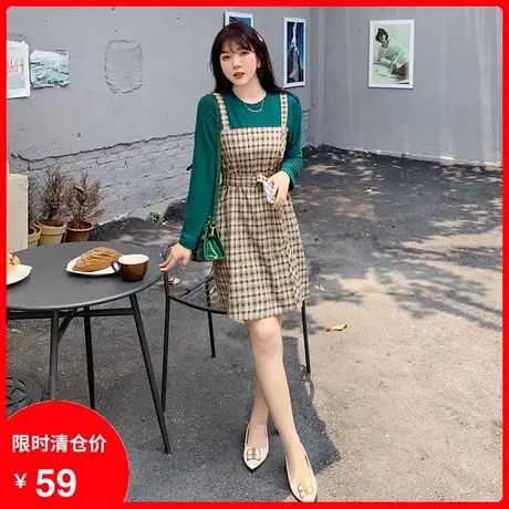 【清仓】新款拼接撞色格子绑带收腰遮肚子显瘦大码胖MM连衣裙长袖商品大图