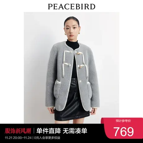 太平鸟仿皮草羊羔毛羽绒服女2023冬羊羔毛气质圆领外套白鸭绒奥莱商品大图