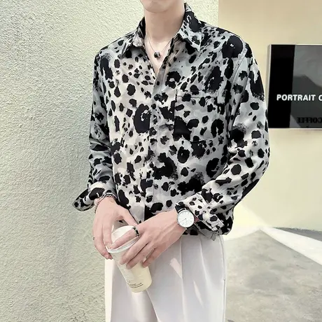 秋季新款水墨扎染垂感长袖花色衬衫男宽松休闲发型师痞帅衬衣上衣商品大图