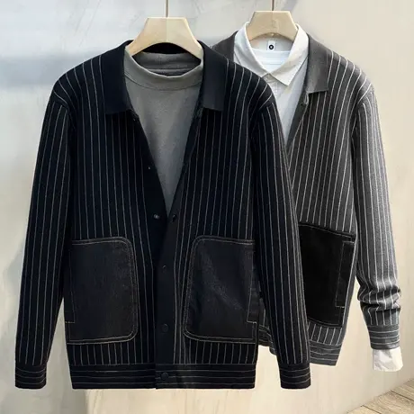 针织开衫男修身潮流条纹拼接衬衫领夹克男士毛衣外套春秋2023新款商品大图