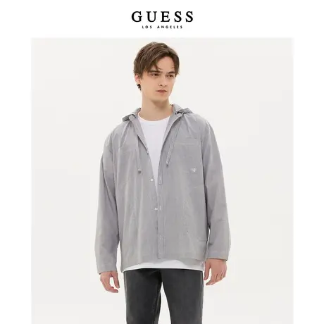 GUESS情侣款可拆卸连帽黑白竖条纹长袖衬衫外套-MN1W2250商品大图