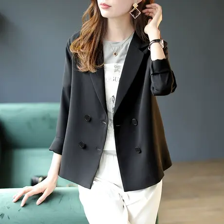 宝诗黎双排扣长袖西装外套女黑色小西服2024春季新款宽松职业上衣商品大图