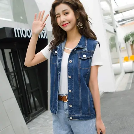 春秋新款韩版牛仔马甲女中长宽松显瘦无袖BF风背心深蓝大码05图片