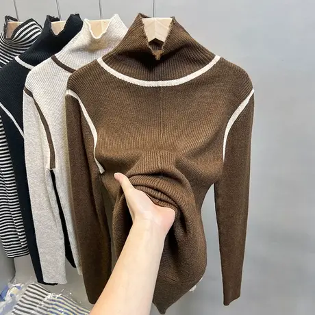 高领毛衣女打底衫2023秋冬新款套头条纹外穿针织衫堆堆领内搭上衣商品大图