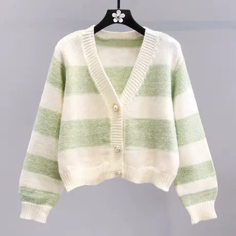 小清新V领条纹毛衣外套女2023年新款韩系宽松慵懒风软糯针织开衫商品大图
