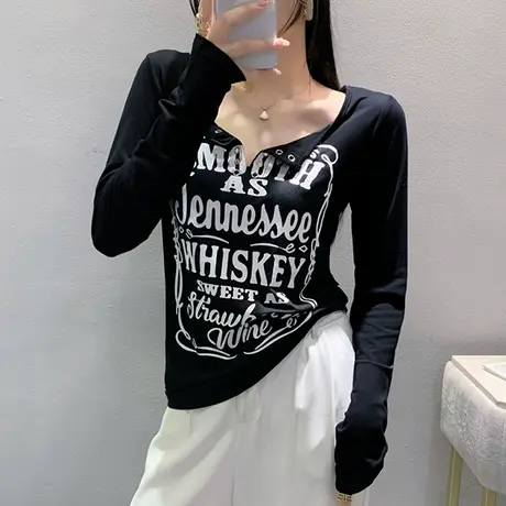 网红潮牌T恤女长袖2024秋季新款时尚印花上衣设计感ins内搭打底衫商品大图