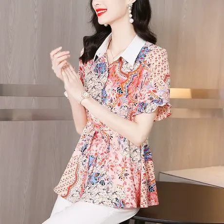 碎花雪纺衬衫女短袖夏季2023新款上衣遮肚子裙摆小衫漂亮时尚百搭图片