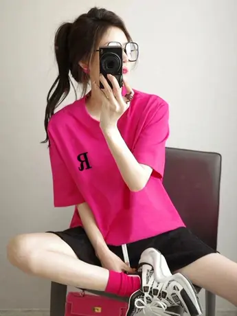 火龙果色爱心印花短袖T恤女夏季2024年新款韩版宽松纯棉上衣ins潮商品大图