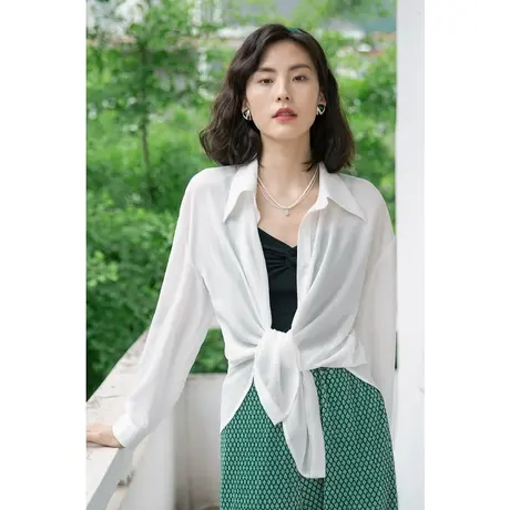 弥古白色防晒衬衣女夏薄款外套吊带外搭雪纺开衫绑带衬衫打结上衣商品大图