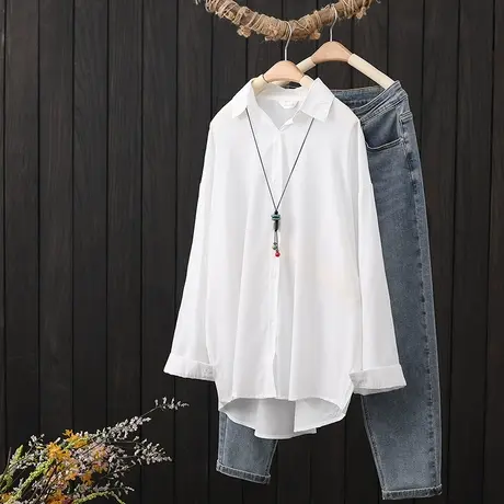 白色衬衫女长袖2023春夏新款宽松薄款透气防晒衣垂感外搭上衣衬衣图片