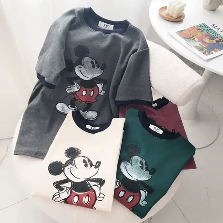 2021秋冬新款韩国东大门T恤卡通撞色磨毛绒加厚半袖打底欧货宽松图片