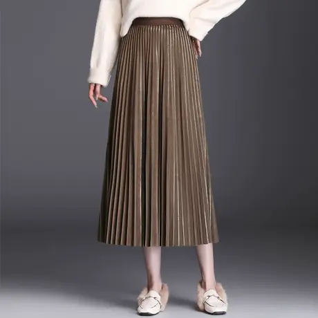 丝绒百褶裙半身裙女春秋2023新款高腰显瘦a字裙中长款压褶裙长裙图片