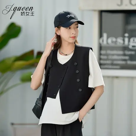 背心马甲女款2024夏季新款时尚不规则双排扣无袖坎肩外套西装马夹商品大图