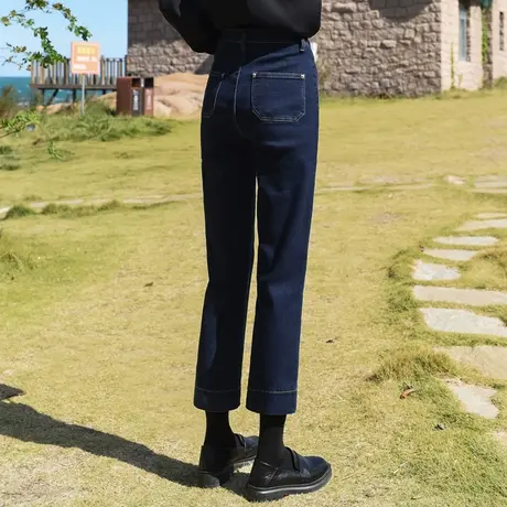 深蓝色牛仔裤女2025新款春秋微喇裤子高腰烟管裤九分小个子直筒裤商品大图