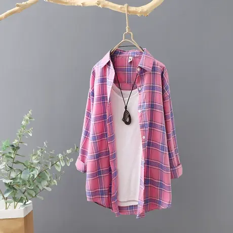 2024秋装新款文艺范格子长袖衬衫女春秋宽松外套衬衣休闲上衣开衫商品大图