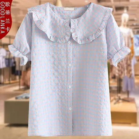 中年40岁妈妈格子娃娃衫夏装新款洋气时尚加肥加大码女装短袖上衣商品大图