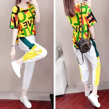 运动套装女夏潮时尚2023新款两件套韩版宽松印花洋气短袖休闲服图片