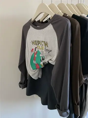 韩国复古小众 插肩袖卡通印花轻薄柔软宽松舒适竹节棉长袖T恤女商品大图