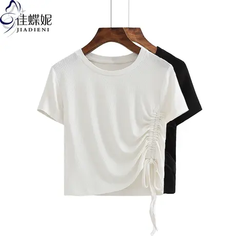 夏季新款圆领纯白修身短款抽绳短袖体恤上衣网红同款女装显瘦T恤商品大图