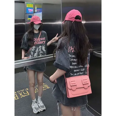大码hiphop美式做旧t恤女ins潮牌复古街头风短袖水洗纯棉上衣夏季商品大图